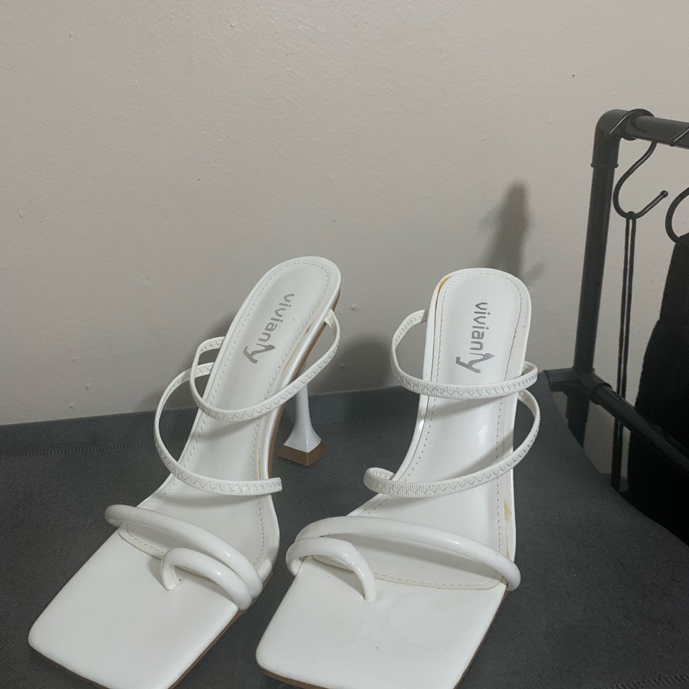 White Square Toe Strappy Heels by Vivianly